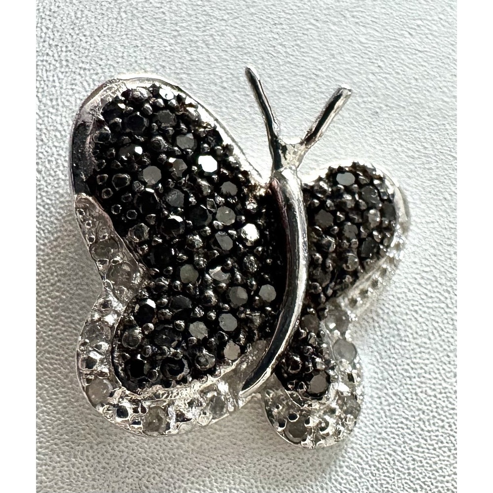Sterling Silver Pave Black & White Diamond Accent Butterfly Pendant 925